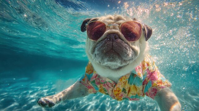 A cute pug is swimming underwater in a clear pool. It wears stylish sunglasses and a vibrant tropical shirt enjoying a fun and playful moment in the water on a sunny day.