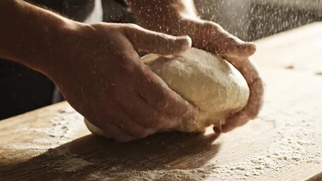 A close-up view of a baker's hands skillfully kneading fresh, soft dough with flour on a rustic wooden board in preparation for baking bread