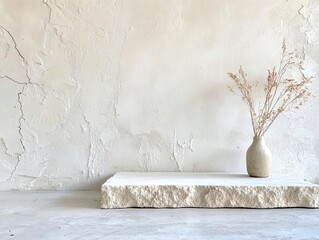 A minimalist still life featuring a vase with dried flowers on a stone shelf against a textured white wall. The composition evokes a sense of calm and simplicit