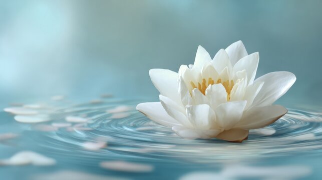 A beautiful white lotus flower floats gently on calm blue water. Petals surround it creating a peaceful scene in the afternoon light ideal for relaxation and reflection.