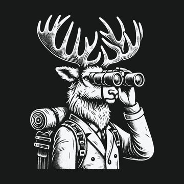 Anthropomorphic Moose Hiker Character Looking Through Binoculars.