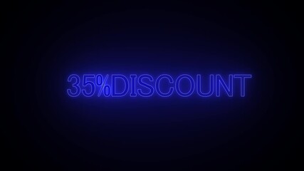 Glowing blue neon sign displaying 35 percent discount on black background