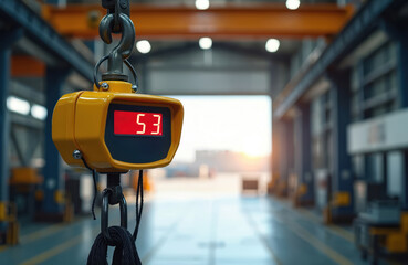 Industrial digital scale with 53 kg weight hangs in factory. Overhead crane equipment provides lifting. Metalworking manufacturing process at industrial plant. Weight control, measurement device,