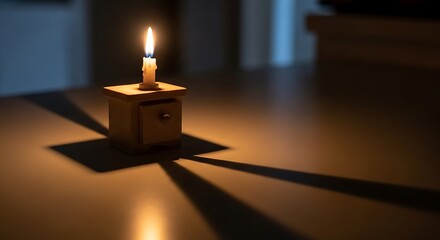 Illuminating still life of a candle on miniature cabinet casting shadows