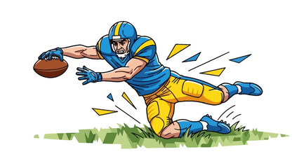 Football player diving to catch a football on a grassy field.