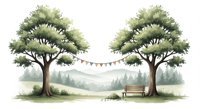 Create a joyful outdoor celebration with this charming watercolor landscape, perfect for invitations, greetings, or event announcements