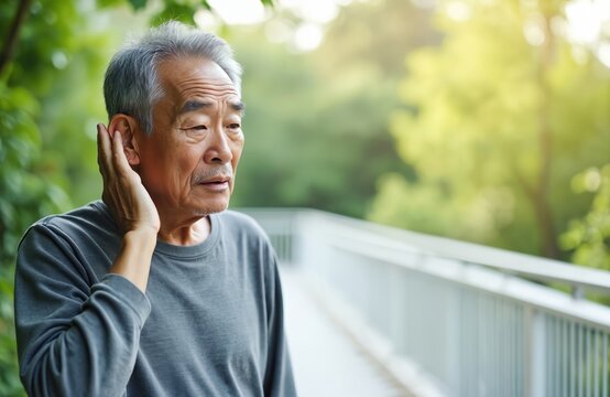 Elderly Asian man holds hand to ear, struggling to hear. He looks confused outdoors, possibly experiencing hearing loss or difficulty with noise.