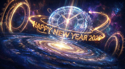 Cosmic Happy New Year Clock and Galaxy. A spectacular science-fiction scene with a glowing celestial clock and gear mechanism spinning above a spiral galaxy for New Year 2026.