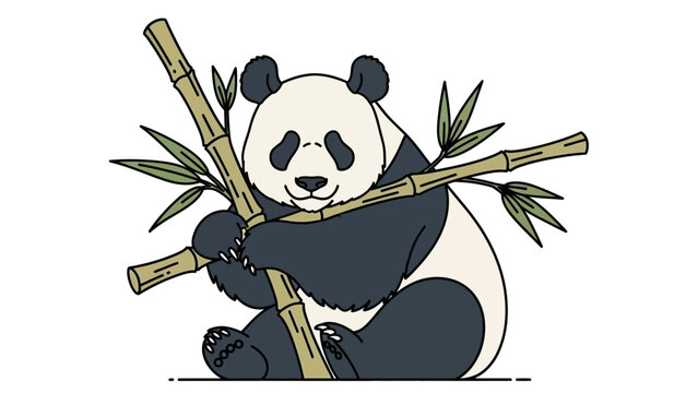 Illustration of a panda bear hugging a bamboo stalk with leaves, in a cartoon style.