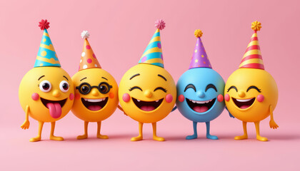 Emoji birthday smile party hat laughter celebration cheerful Five cute emoji friends party hats share joyful laughter pink