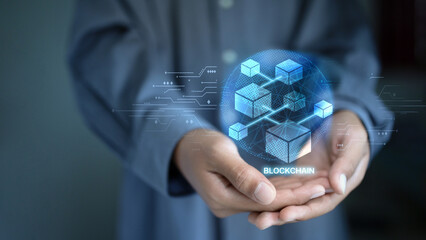 Business Hands Holding Connected Digital Cubes Hologram