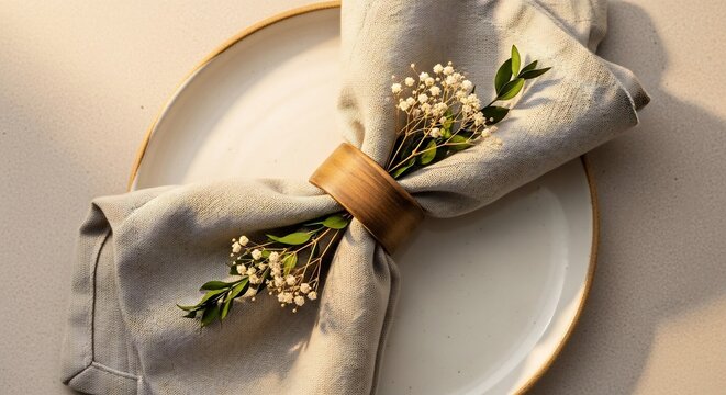 Elegant Table Setting with Linen Napkin and Floral Accent.