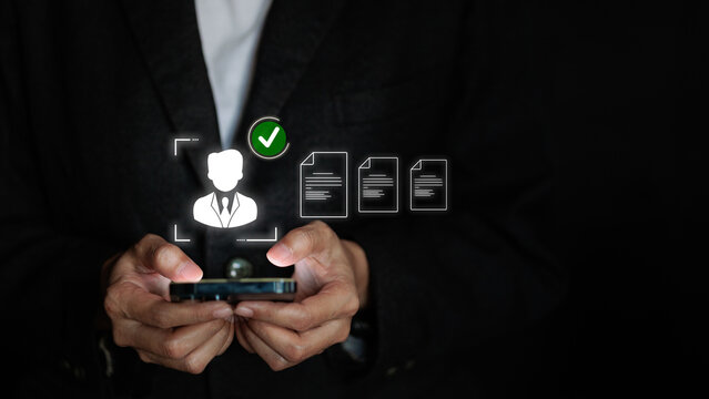Digital HR Recruitment Process: Businessman Selecting Qualified Candidate Profile and Resume on Smartphone