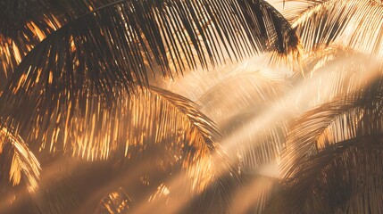Golden sunlight filtering through lush palm tree leaves creating a serene tropical ambiance.