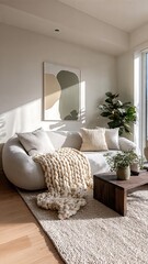 Modern living room with spacious sofa and minimalist earthy-toned decor