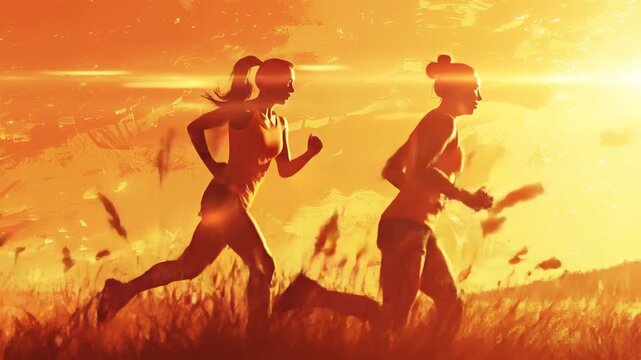 Two women running through a sun-drenched field of tall grass at sunset, silhouetted against the golden light.