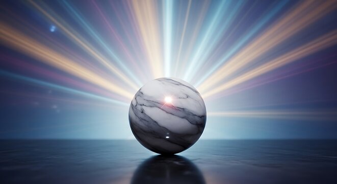 Marble sphere amidst radiant light streaks, concept of potential energy