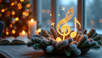 A luminous treble clef and a musical note in a festive composition with candles and a Christmas tree in the background, the concept of Christmas and New Year