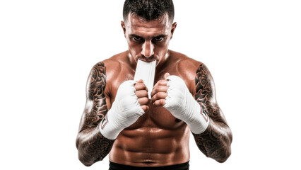 Intense tattooed boxer with white hand wraps raised in front of face on white background, biting strap and staring forward, highlighting muscular physique, focus, toughness and gritty combat sport 