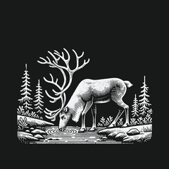Obraz premium Vintage woodcut style reindeer drinking from a forest stream.