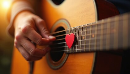 Fototapeta premium Close up photo of guitarist hands on acoustic guitar fretboard. Red heart pick between strings signifies love. Musician plays a love song at music event.