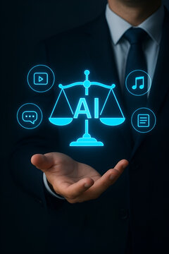 AI Justice Hologram in Businessman&rsquo;s Palm &ndash; Futuristic Digital Scale with Multimedia AI Icons Representing Ethical Technology, Communication, and Legal Innovation.