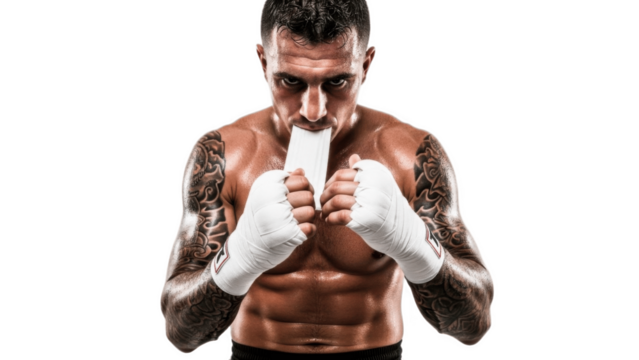 Intense tattooed boxer with white hand wraps raised in front of face on white background, biting strap and staring forward, highlighting muscular physique, focus, toughness and gritty combat sport 