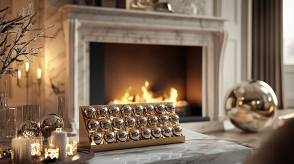 Elegant decorative display with golden spheres and candles near cozy fireplace in luxury interior