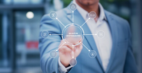 Business Professional Using Futuristic Quantum Cryptography Interface Representing Secure Data Transmission, Encryption Technology, and Advanced Cybersecurity