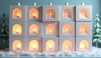 Collection of white candle holders glowing warmly with candles in winter decorative setting