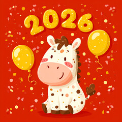 Fototapeta premium Joyful Cartoon Horse Jumping with Festive Confetti and 2026
