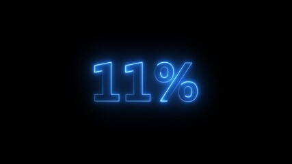 Neon blue 11 percent sign glowing on black background eleven percent percentage
