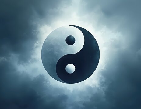 Black and white yin yang symbol on a soft blue cloudy background. Dark and light forces in harmony and balance. Ancient Chinese philosophy and mysticism concept. Spiritual and cosmic imagery.
