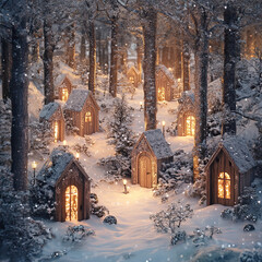 Charming wooden houses illuminated in snowy forest path during winter night with falling snowflakes