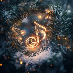 Glowing musical note surrounded by pine branches and snow in festive winter setting
