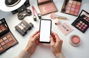 Woman holds smartphone surrounded by makeup products. Beauty influencer films tutorial for social media. Ring light illuminates cosmetics for online broadcast. Live streaming session with makeup