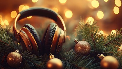Golden headphones on pine branches with Christmas ornaments and warm festive lights background