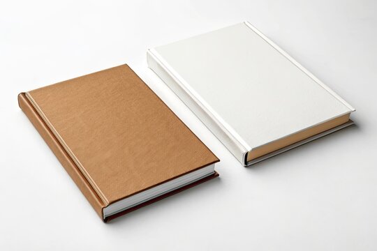 Elegant and minimalist blank hardcover book set with brown and white covers, ideal for sophisticated branding, publishing, or design mockups