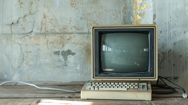A vintage retro computer with a CRT monitor and keyboard on a wooden desk against a distressed wall.