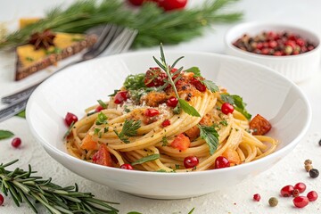 Delicious Pasta Dish with Tomatoes and Herbs, Garnished with Pomegranate Seeds and Rosemary