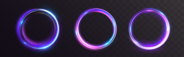 Set of three glowing neon rings in vibrant blue, pink, and purple tones, each forming a smooth luminous circular swirl on a dark transparent background.
