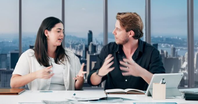 Creative, woman and man talking with tablet in office for discussion, review article and manuscript. Staff, team and chat with documents for headline feedback, proofreading story and publication post