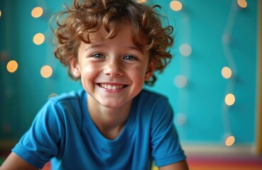 Happy young boy portrait with curly hair smiles. Smiling child wearing blue t-shirt looking at the camera. Joyful little kid with a cute face expression.