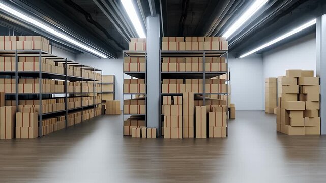 Spacious warehouse interior with stacked cardboard boxes on shelves and floor