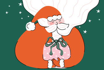 Cute Santa illustration holding a pink gift bag with ribbon, surrounded by stars on a green background, perfect for Christmas cards, festive decorations, and holiday graphic vector design.