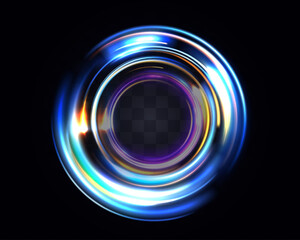 Vibrant glowing circular ring with blue, cyan, and gold light trails, creating a dynamic vortex effect with a transparent center. Perfect for futuristic designs, tech elements, or sci-fi interfaces.
