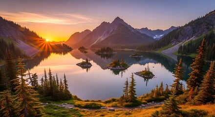A scenic vista of a mountain lake at sunset, with islands and forest. The vibrant sun's rays reflect in the tranquil water
