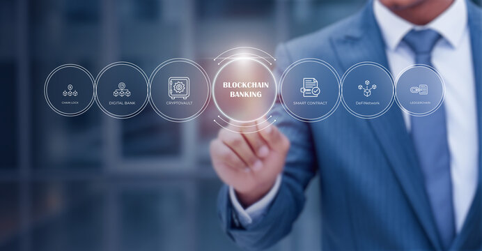 A businessman interacts with a futuristic blockchain banking interface, representing secure digital transactions, fintech innovation, cryptocurrency, smart contracts, and modern financial technology. - Powered by Adobe