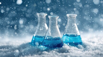 Commercial high-resolution photo of three laboratory flasks with blue liquid in a snowy, freezing environment, depicting a cold chemical experiment.