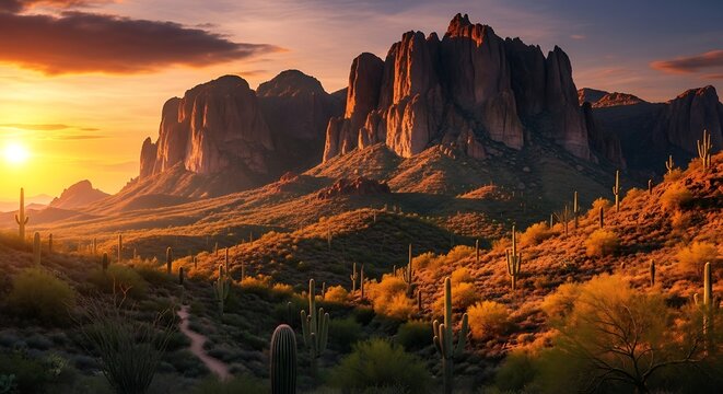 A scenic vista reveals towering rock formations at sunset, with desert vegetation in the foreground. Golden light bathes the landscape - Powered by Adobe